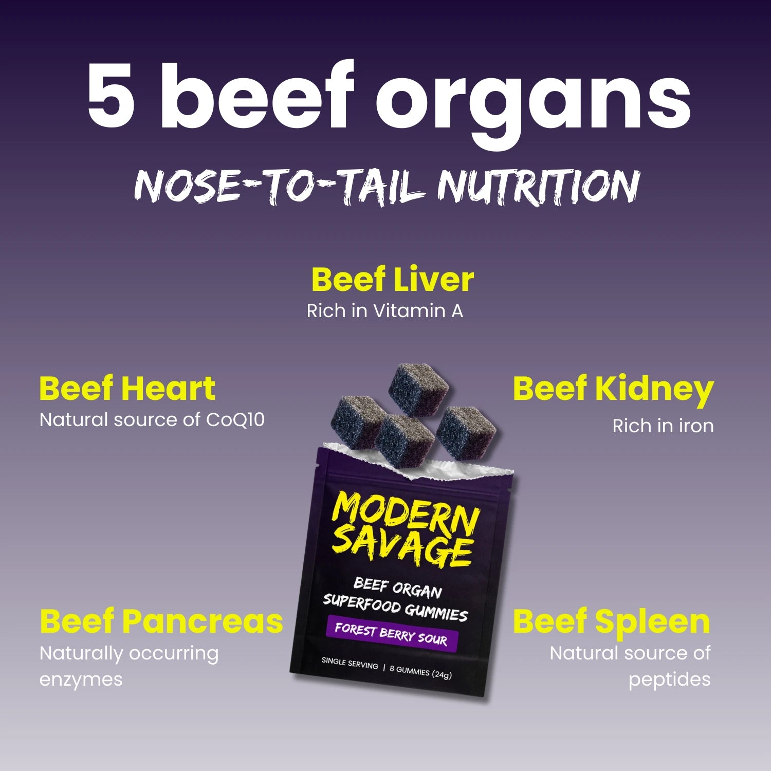 MODERN SAVAGE™ Grass-Fed Beef Organ Gummies — Now 5-in-1 Support